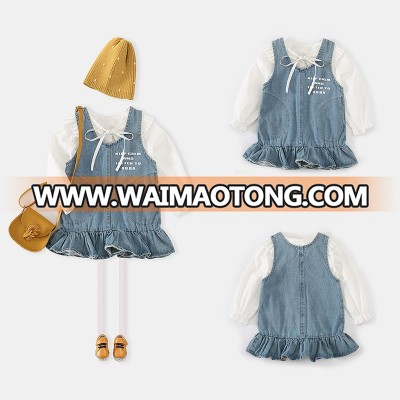 Kids Clothing Wholesale Vest Denim Dress And White Blouse Girls Frocks Sets 66203