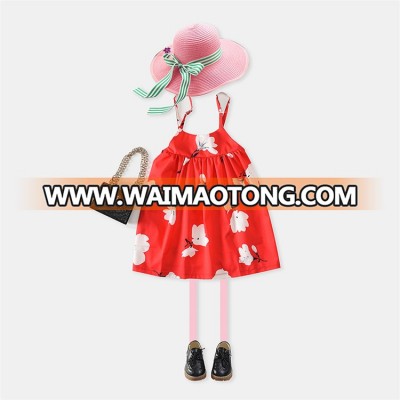 Factory wholesale flower printed children red spaghetti strap dresses for girls