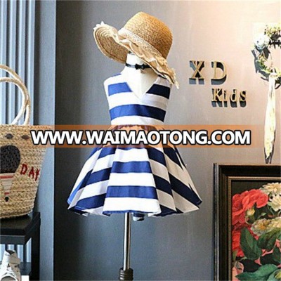 Girls dresses manufacturer custom blue white stripe kids v collar dress